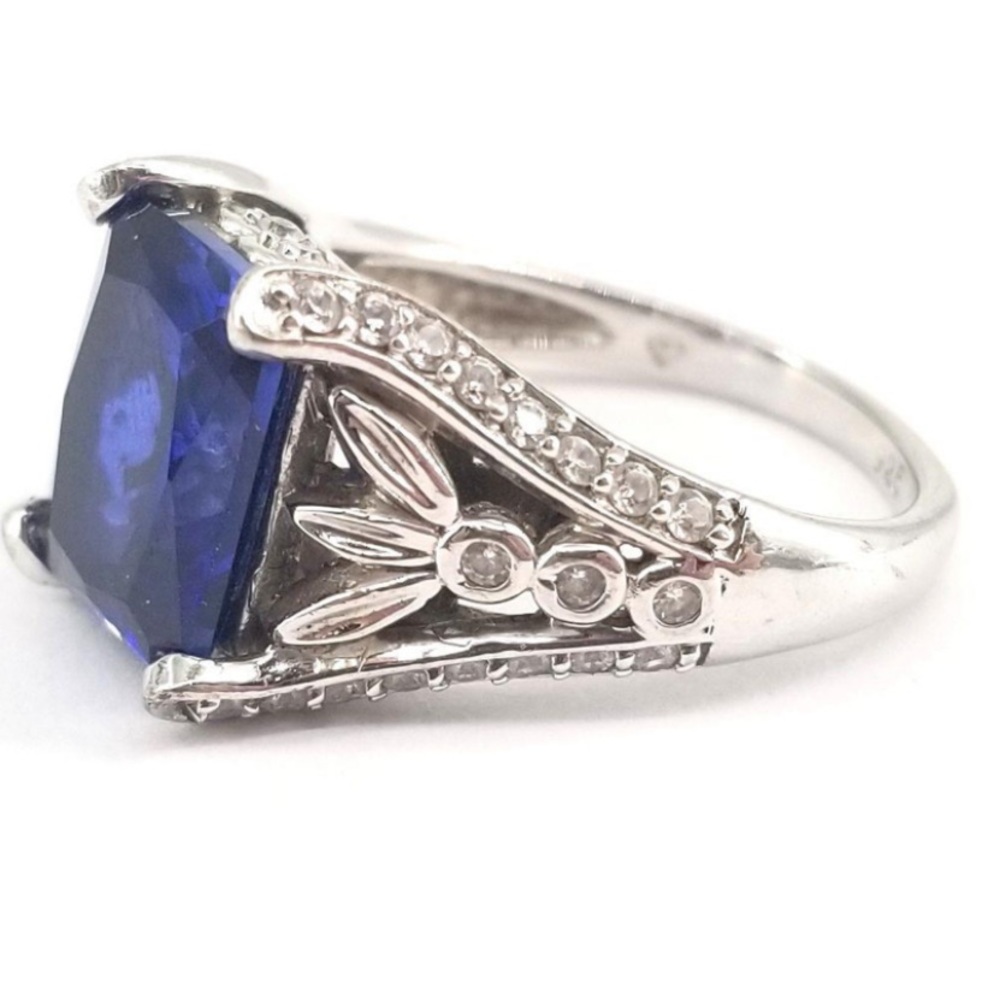 Sterling Silver Rectangle Cut Blue Sapphire and Cubic Zirconia Ring